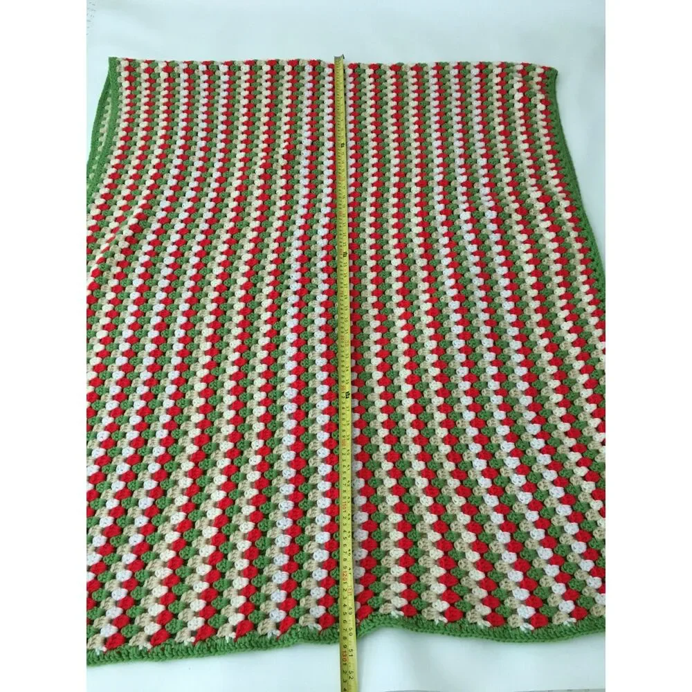 Handmade Crochet Christmas Afghan Blanket Red Green Cream Long Throw 41